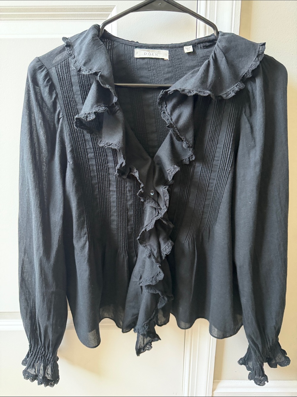Doen Black Ruffle-Front Pintuck Blouse - Picture 2 of 8